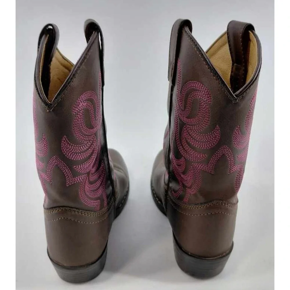 SMOKY MOUNTAIN BOOTS Youth Brown Leather Cowboy Boots Pink Stitch Size 2R